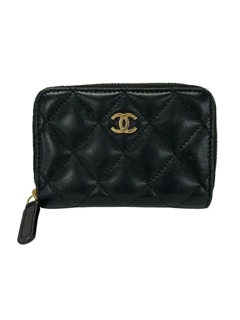Chanel Coin Purse Quilted Black Zip Around Gold Lambskin